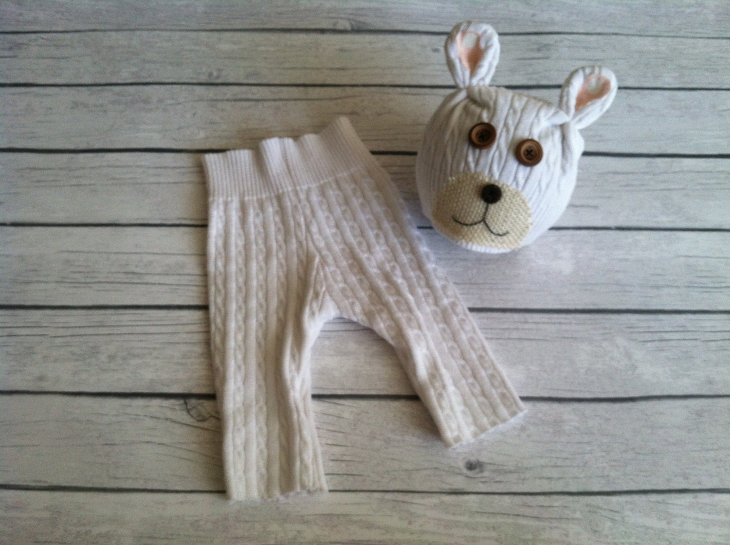 OOAK Upcycled newborn pant and bear hat set in white - photography prop- RTS