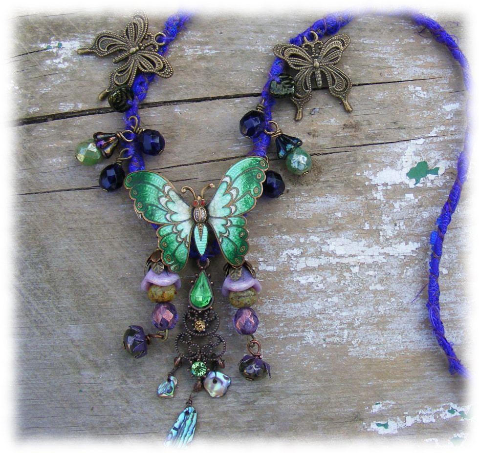 Vintage butterfly necklace, Fairy necklace,  Butterfly jewellery,  recycled jewellery,  Vintage accessory,  Beaded butterfly necklace