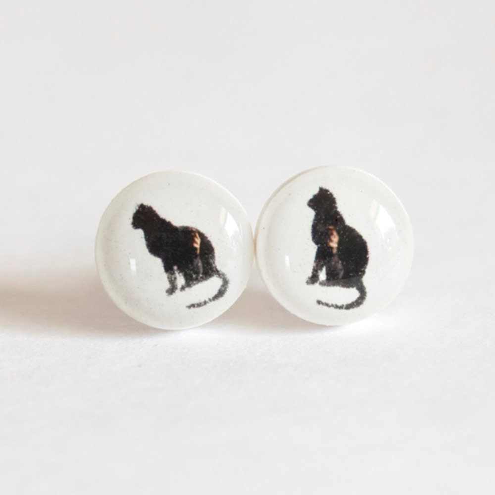 CAT - Post earrings - Black & White Polymer Clay Jewelry - Handmade Resin Earrings
