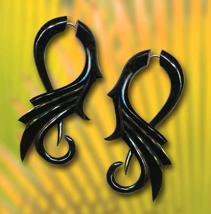 Fake Gauge Earrings - Tribal Feathers - Black Eco-Friendly Horn