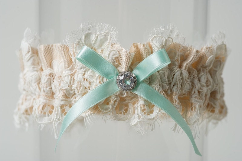 Wedding Garter Champagne Alencon Lace Rhinestone Blue Bridal Garter "Naomi"