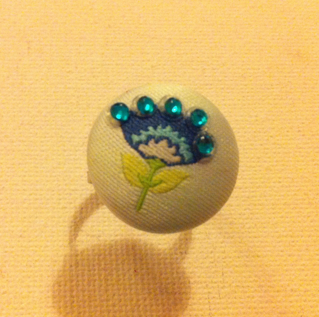 Blue fabric flower adjustable ring with gems 