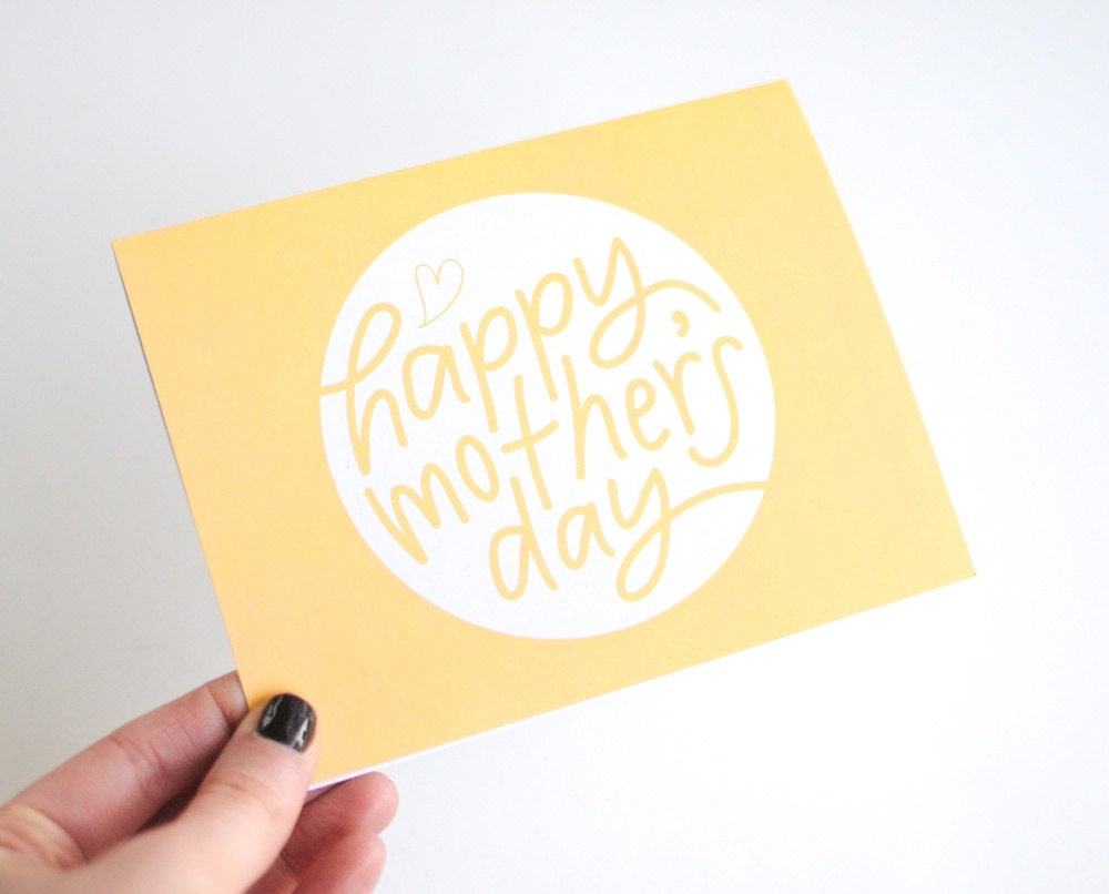 Mother's Day Card, Happy Mother's Day, Hand Lettered Greeting, Handwriting with Heart, Minimalist, Yellow and White, Blank Inside, Single