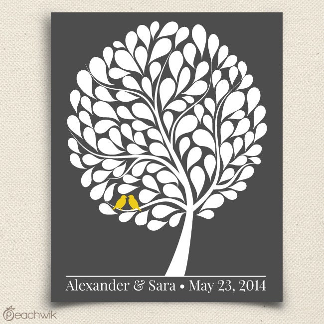 Guest Book Alternative - The Bubblewik - A Peachwik Personalized Art Print - 100 guest sign in - Love Birds in A Bubble Tree Guestbook