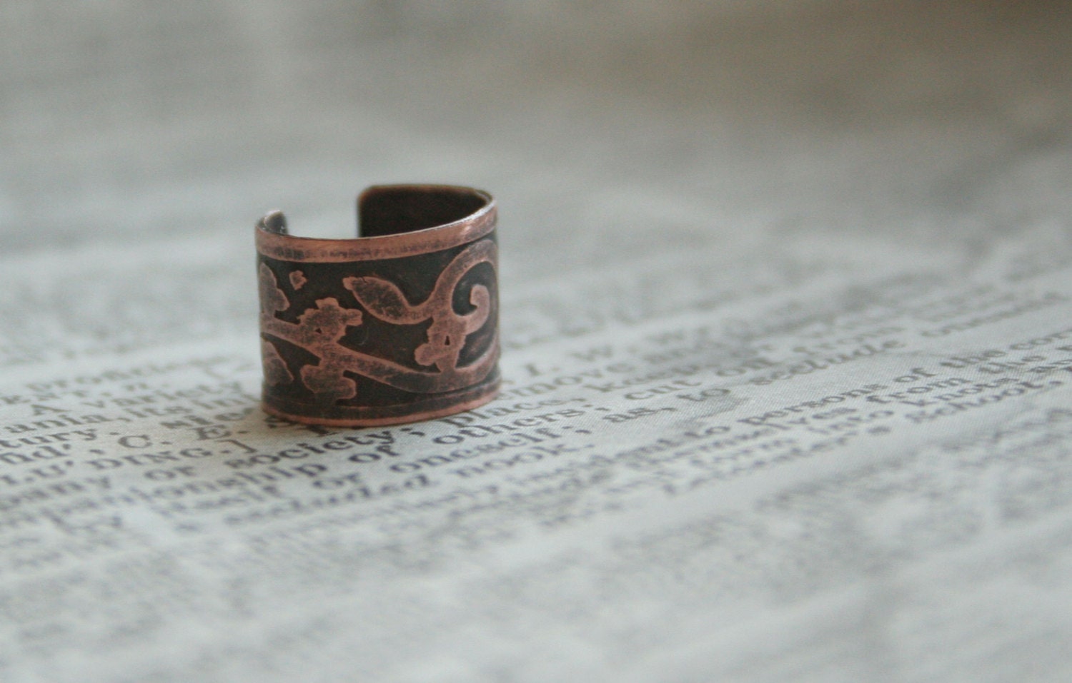Leafy Branch - Etched Copper Ear Cuff  with Curls and Leaves