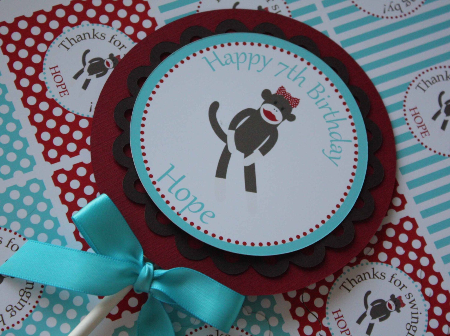 Sock Monkey Birthday Party Decoration 4 Inch Circle Cake Topper Il_570xn