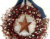 RED WHITE & BLUE Door Wreath-Summer Door Decor-Patriotic Wreath-Holiday Wreath-Scented Cinnamon Sticks-Custom Choose Scent and Ribbon