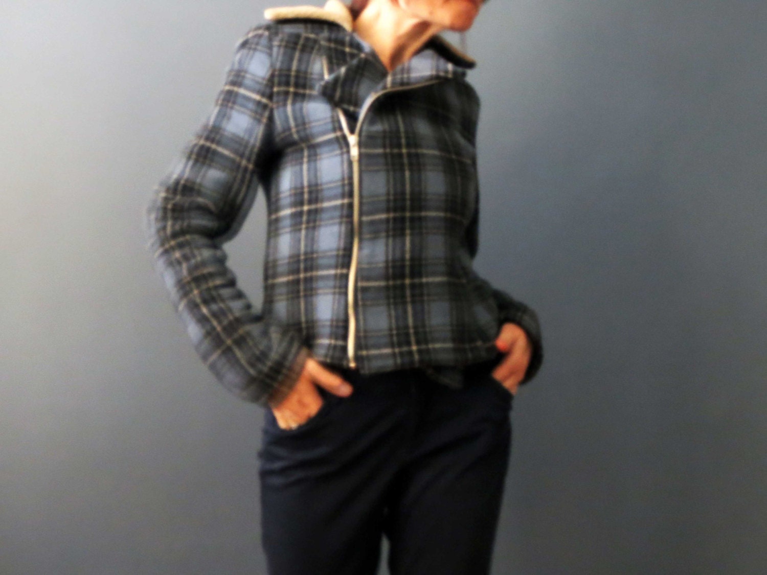Vintage Handmade Blue Black Plaid Wool Bomber Aviator Biker Zip Up Lumber Jacket Small
