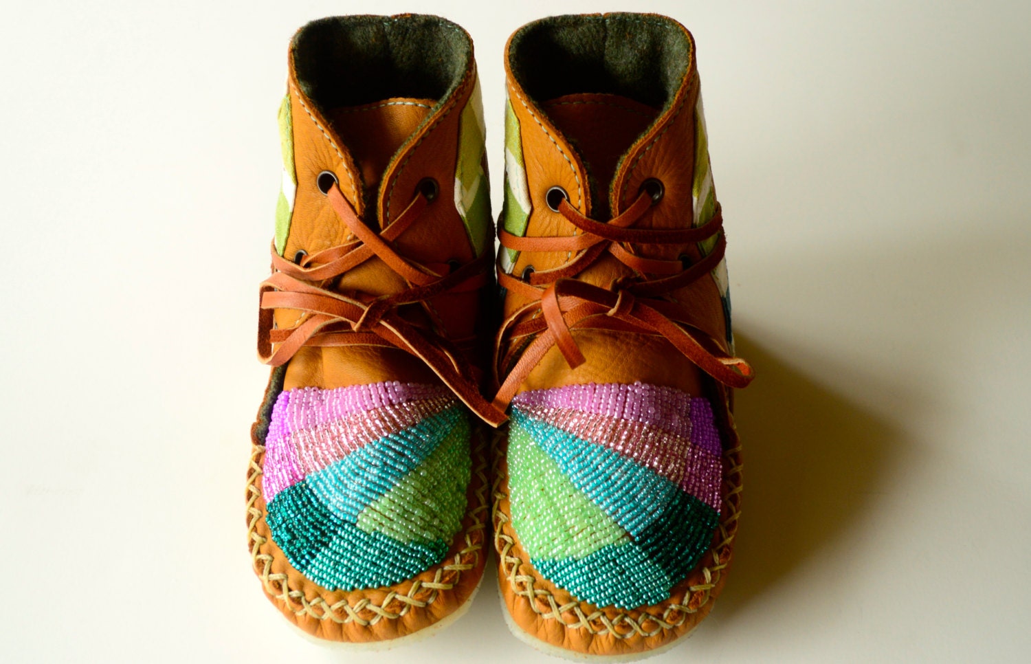 Baby and Toddler handmade leather beaded wool-lined moccasin winter boots with wool insole and crepe rubber sole