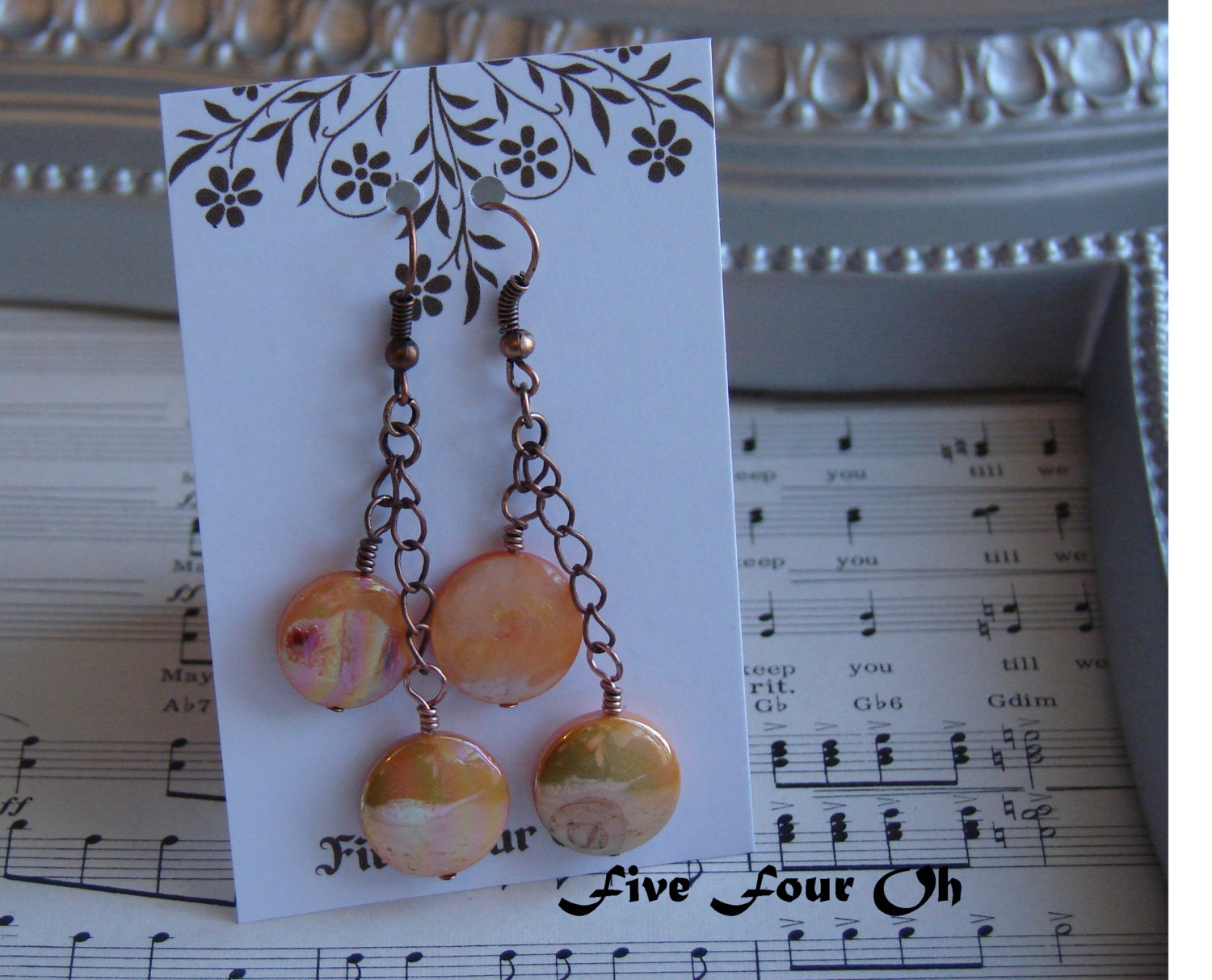 Peach Mother of Pearl Coins and Copper Beaded Drop Dangle Classic Beaded Handmade Earrings