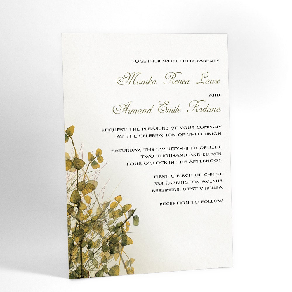 Woodland Wedding Invitations with Watercolor Imagery of Leafy Brush, Winter Wonderland Wedding, Blue and White, Other Colors Possible