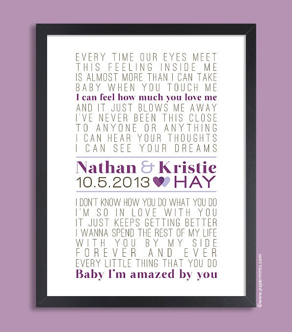 Custom Wedding Song 11x14 Personalized Wall Print (song lyric art, wedding vows) in orange & gray, custom colors