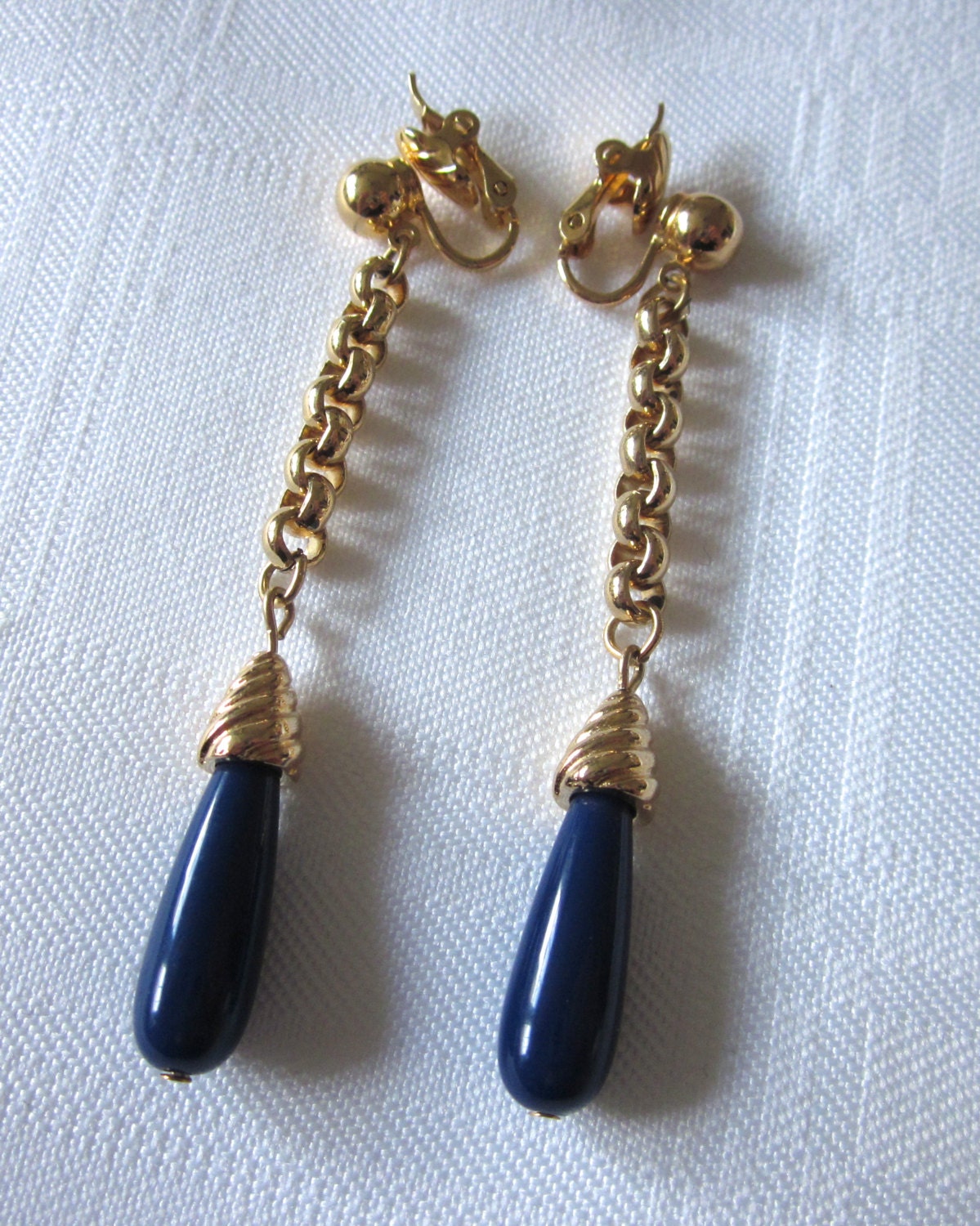 Vintage TRIFARI Blue Dangle Bead EARRINGS Gold Tone LONG Chains