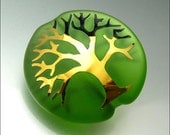 TREE OF LIFE - Green and and Gold Lentil Glass Bead Lampwork Pendant Sandblasted Focal Handmade - by Stephanie Gough sra fhfteam leteam