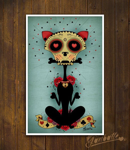 Chihuahua Dog Calaca - Sugar Skull Day of the Dead - PRINT of original illustration by Ganbatte - 9.1 in x 7.5 inch