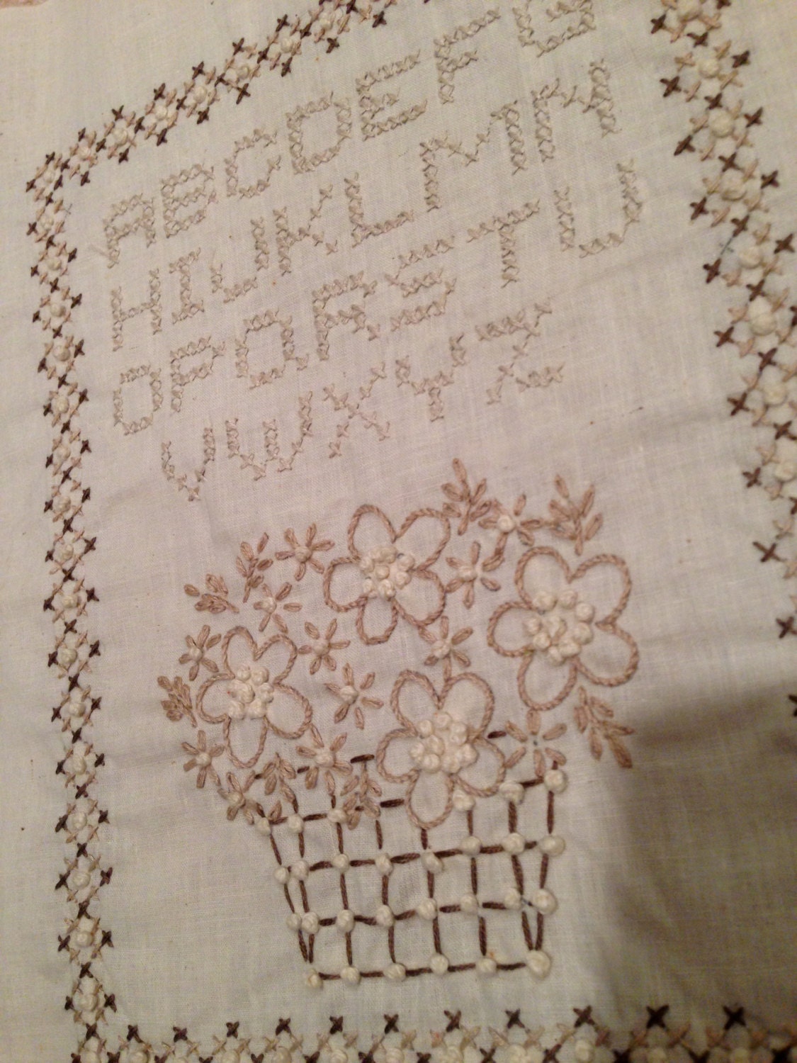 Crewel candlewick embroidery alphabet and basket of flowers sampler cottage chic  stitchery