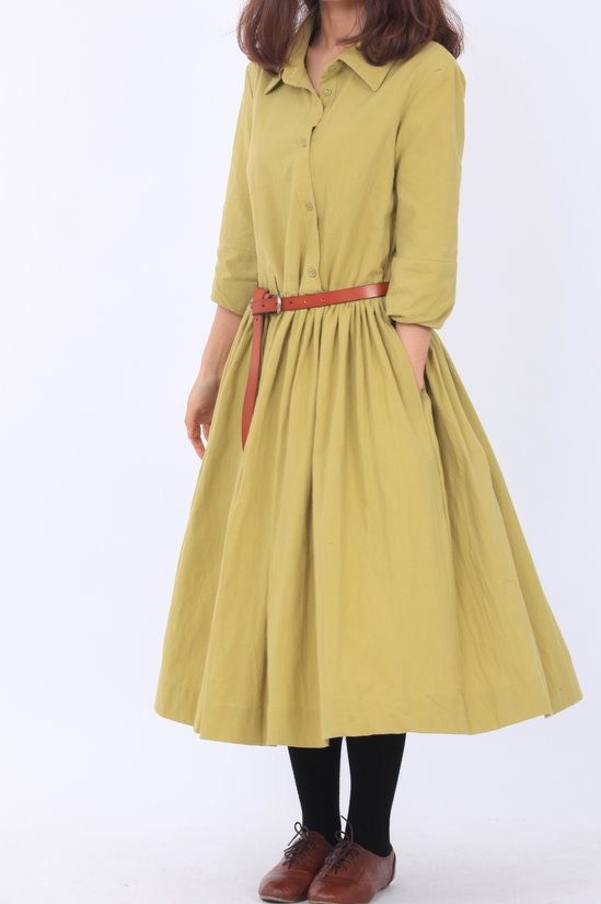 light green Cotton lapel Wear Long pleated dress