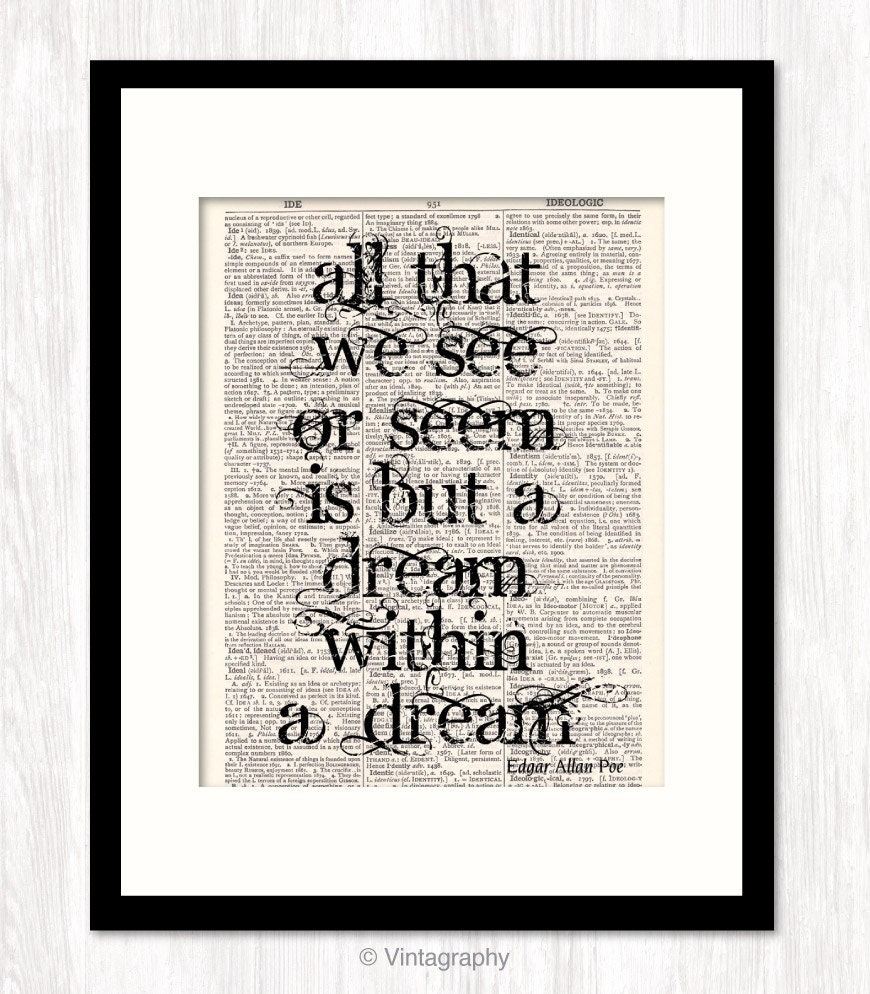 Edgar Allan Poe 11x14 inch DREAM QUOTE PRINT Poster Typographic Art Print Typography print on reproduction vintage dictionary page