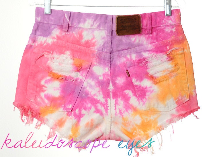 Vintage LEVIS Colorful High Waist TIE DYE Destroyed Denim Cut Off Shorts L