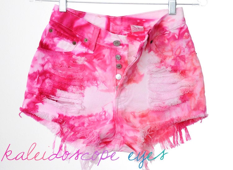 Vintage Levis 501 PINK Colorful MARBLED Dyed Destroyed High Waist Denim Cut Off Shorts XS