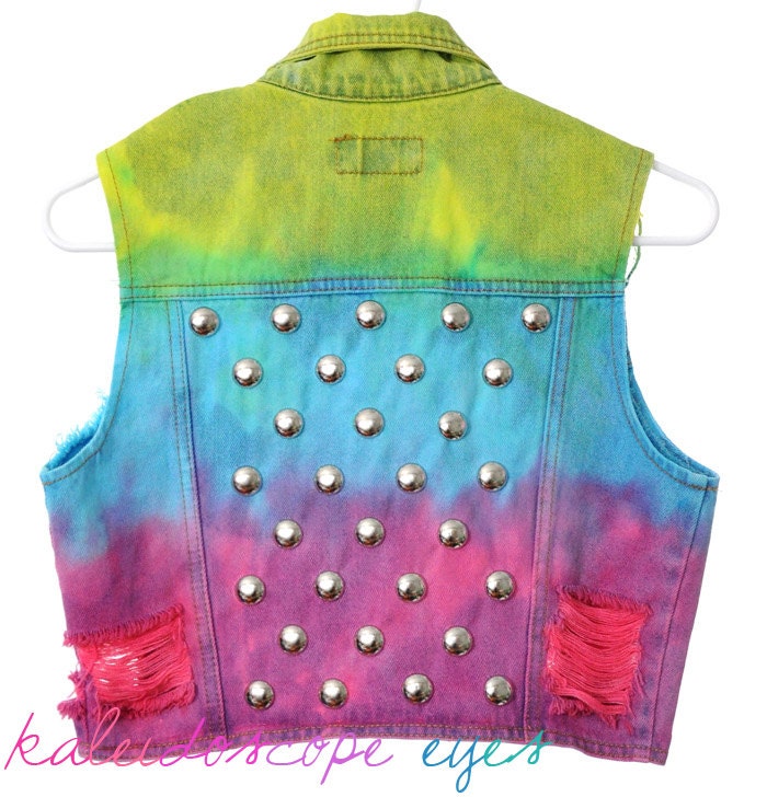 Vintage Ombre Dip dyed DESTROYED Blue Denim STUDDED Vest Jacket XS S