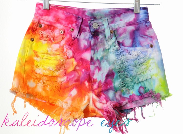Vintage Levis 501 Marbled RAINBOW Colorful Dyed Denim Destroyed High Waist Cut Off Shorts XS