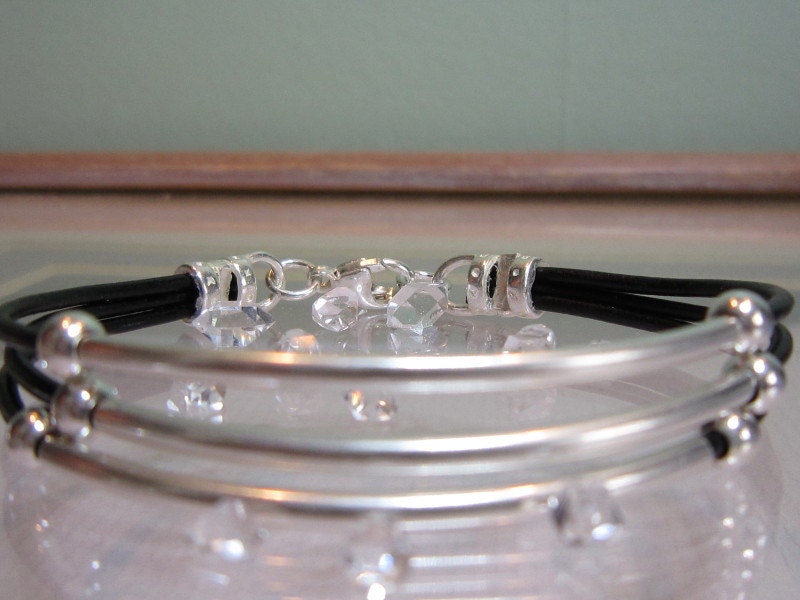 Black Leather Cord Sterling Silver Tube And Beaded Bracelet