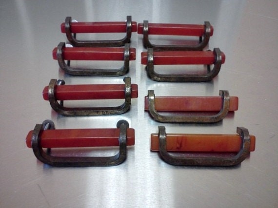 Vintage Bakelite Pulls and Original Hardware Set of 8 From 1940's Waterfall Dresser