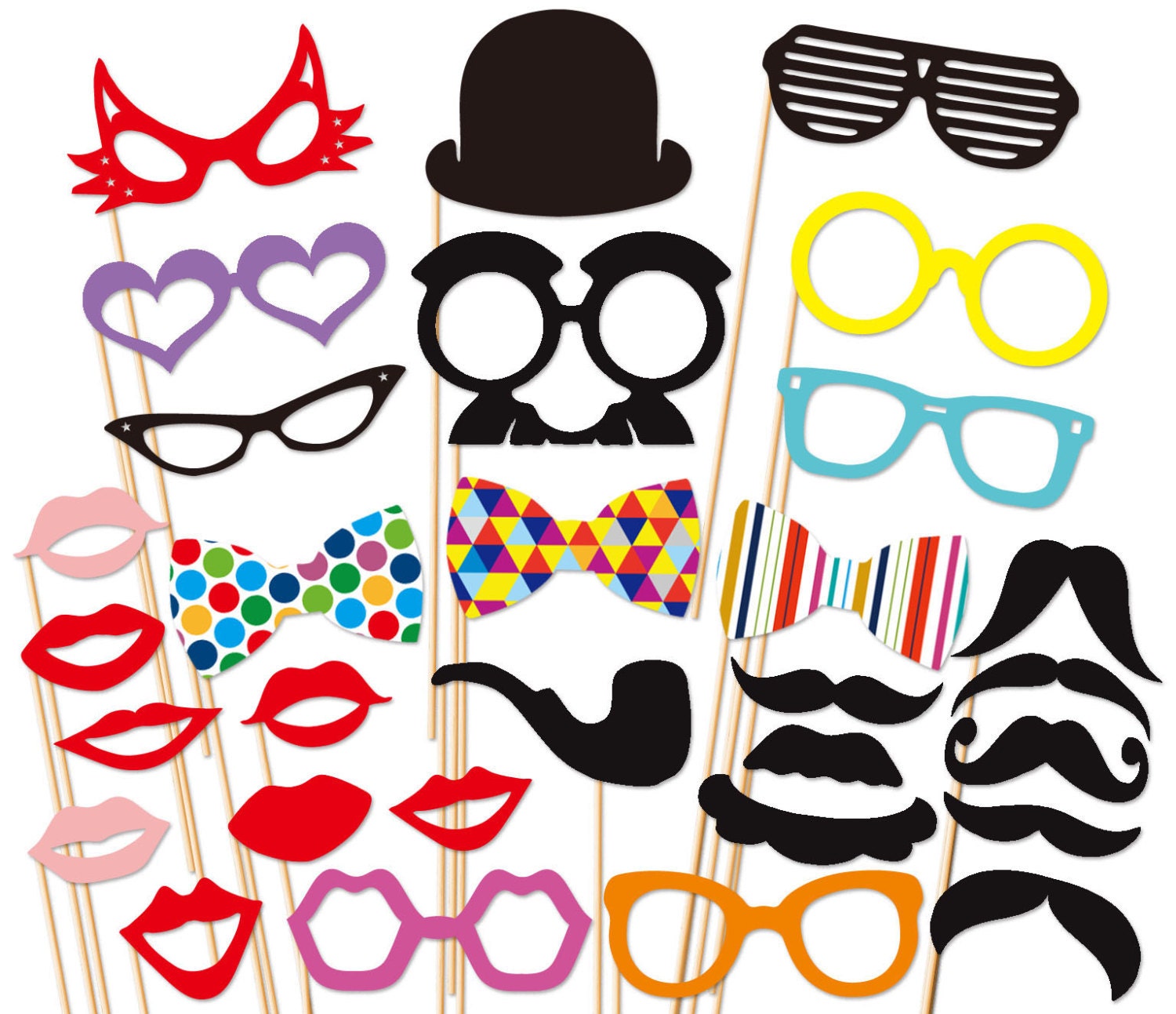 Wedding Photobooth Props - 30 Piece Party Props Set - Photo Booth Props