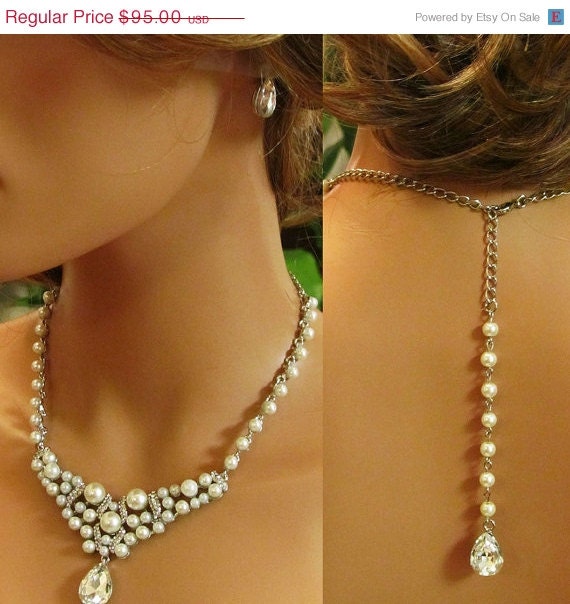 Bridal jewelry set, Bridal back drop bib necklace and earrings, vintage inspired crystal, pearl necklace statement, bridesmaid jewelry set