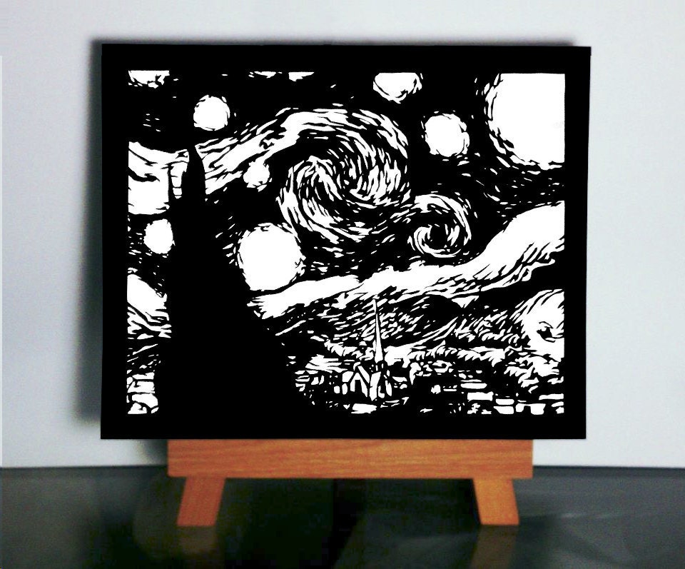 Starry Night Paper Cutting - Starry Night Inspired, Starry Night Black and White, Vang Gogh Replica, High Contrast Art, Black and White