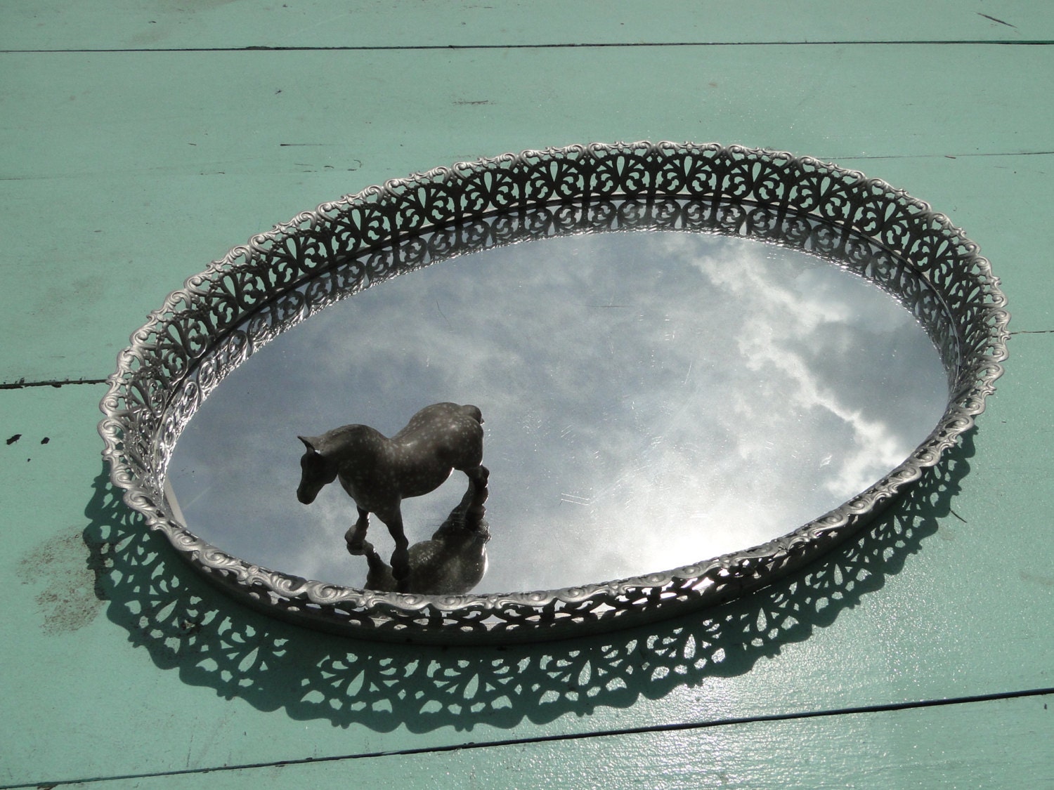 Vintage Ornate Baroque Round Mirrored vanity tray make-up tray Hollywood Regency Paris Apartment French Country Brushed Nickel Silver Silver