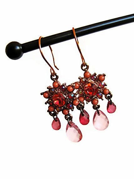 Coral Pink Chandelier Earrings, Vintage Copper, Crystal and Acrylic