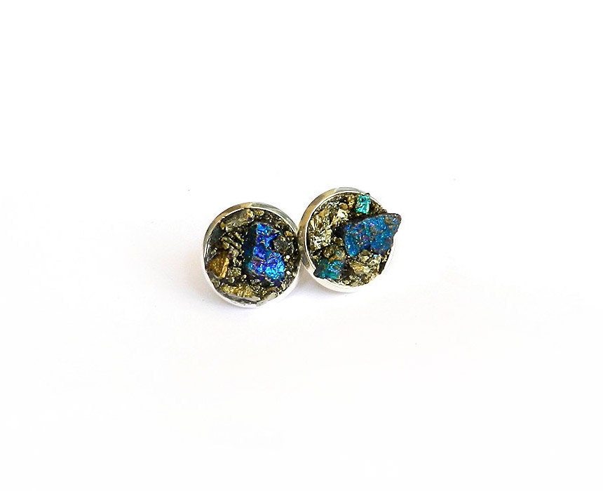 Raw Crystal Stud Earrings // Peacock Ore "Chalcopyrite" Metallic Mineral Rock, Turquoise Blue, Gold, Silver, Round Studs, Bornite