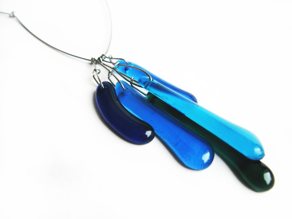 Ombre blue glossy glass pendant necklace with stainless steel Droplett