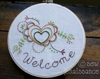 Embroidery Pattern PDF  Welcome Flowers Hearts Spring Design