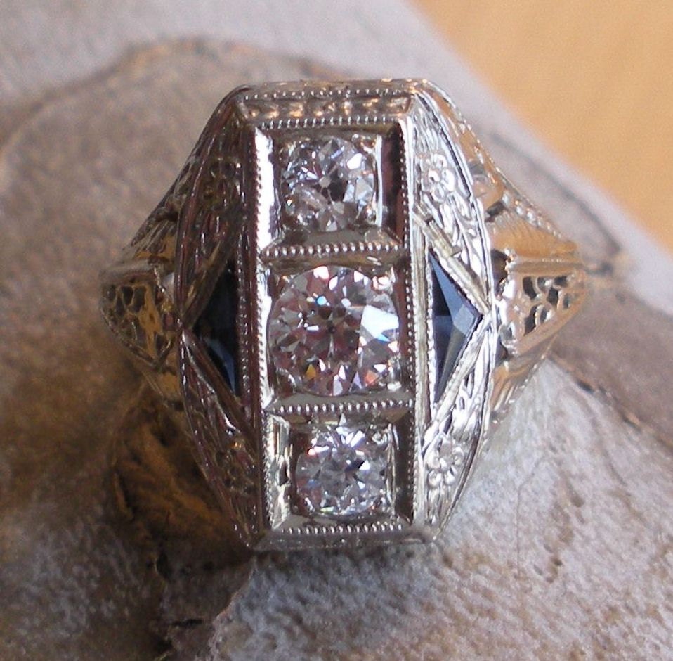 Art Deco European Cut Diamond Engagement Ring - 18k White Gold Filigree - Three Stone Ring