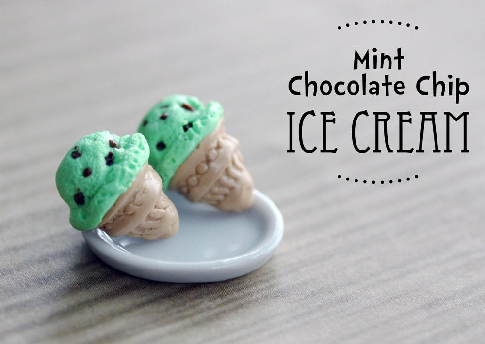 Polymer Clay Miniature Food Jewelry: Mint Chocolate Chip Ice Cream Cone Stud Earrings