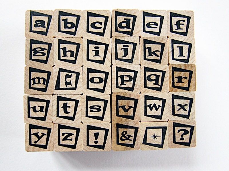 Rubber Stamps- Retro Font Lowercase Letter Square Alphabet Set of 30 Wood Mounted Stamps