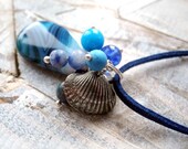 Silver Seashell Necklace - Handmade Ocean Treasure - dusk blue Gemstones - blue Agate, Jasper, Quartz, Lapis Lazuli - silver Origami Square