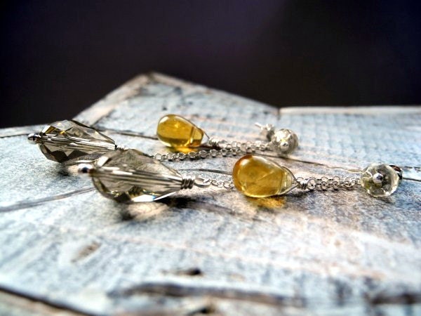 Lemon Silver Earrings - Citrine and Quartz Earrings - Long Sunny Yellow Earrings - Honey Amber Gold - Romantic Dangle Studs