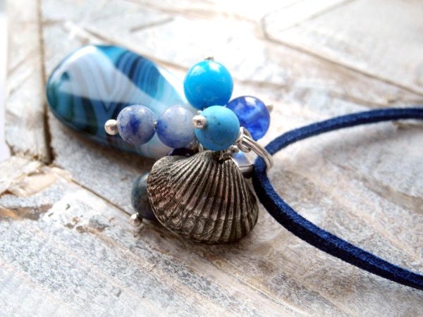 Silver Seashell Necklace - Handmade Ocean Treasure - dusk blue Gemstones - blue Agate, Jasper, Quartz, Lapis Lazuli - silver Origami Square