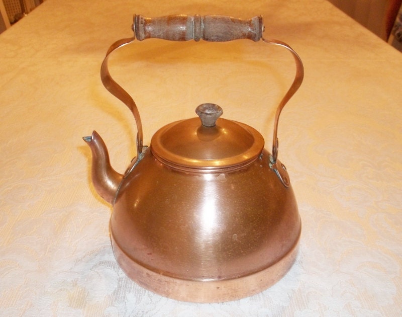 Vintage Copper Tagus Teapot Kettle With Lid - Wood Handle & Knob