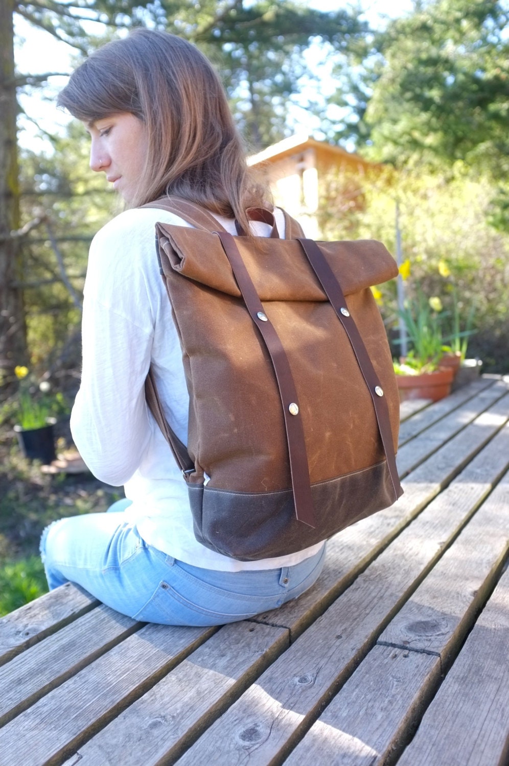 Waxed Canvas Snap Rucksack // Backpack // Roll Top // Blush Brown & Dark Tan