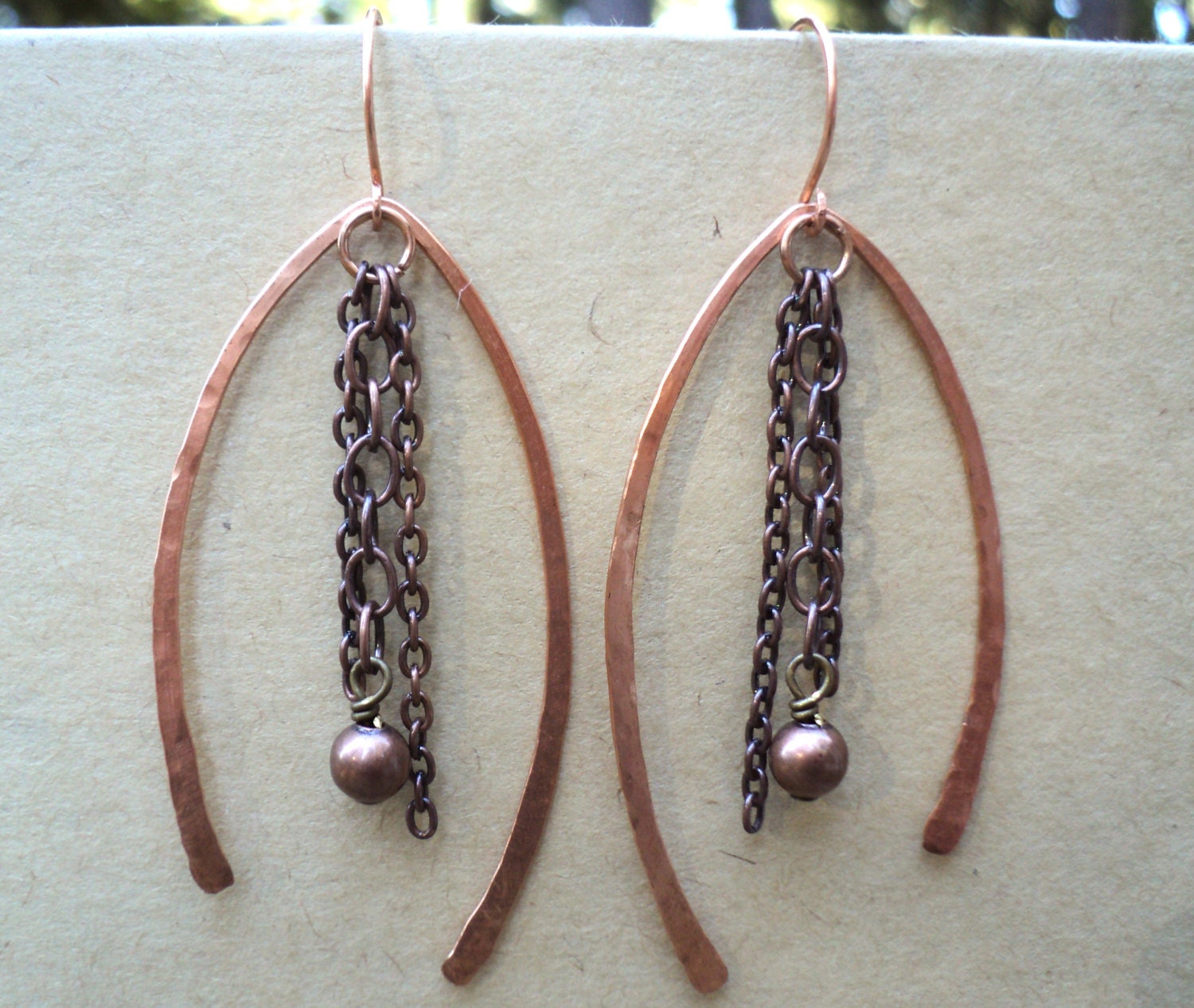 Copper "wishbone" earrings with copper chains. Medium sized hand-hammered women's copper earrings.