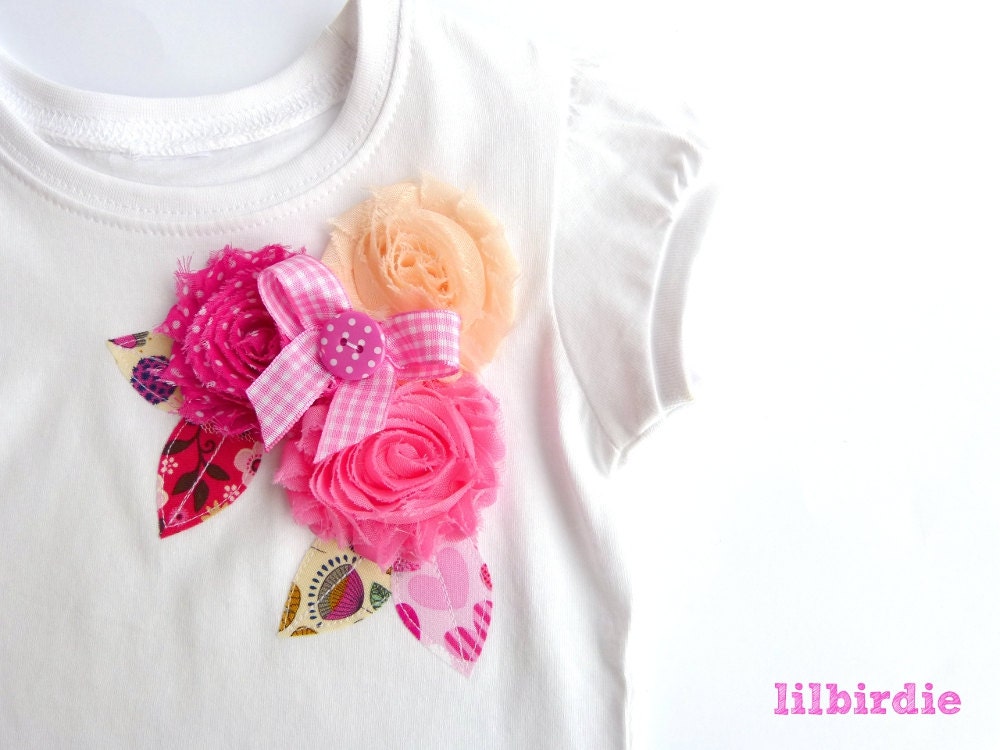 Pretty in Pink Shabby Rose Appliqued tshirt Sizes 1 - 6 (Girls)
