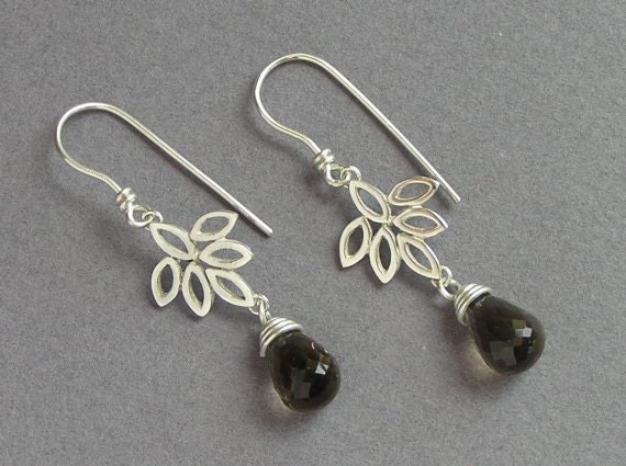 Dangle Leaves Earrings with Smoky quartz - Elegant Earrings - Sterling Silver Flower Earrings - Leaflet - Drop Earrings