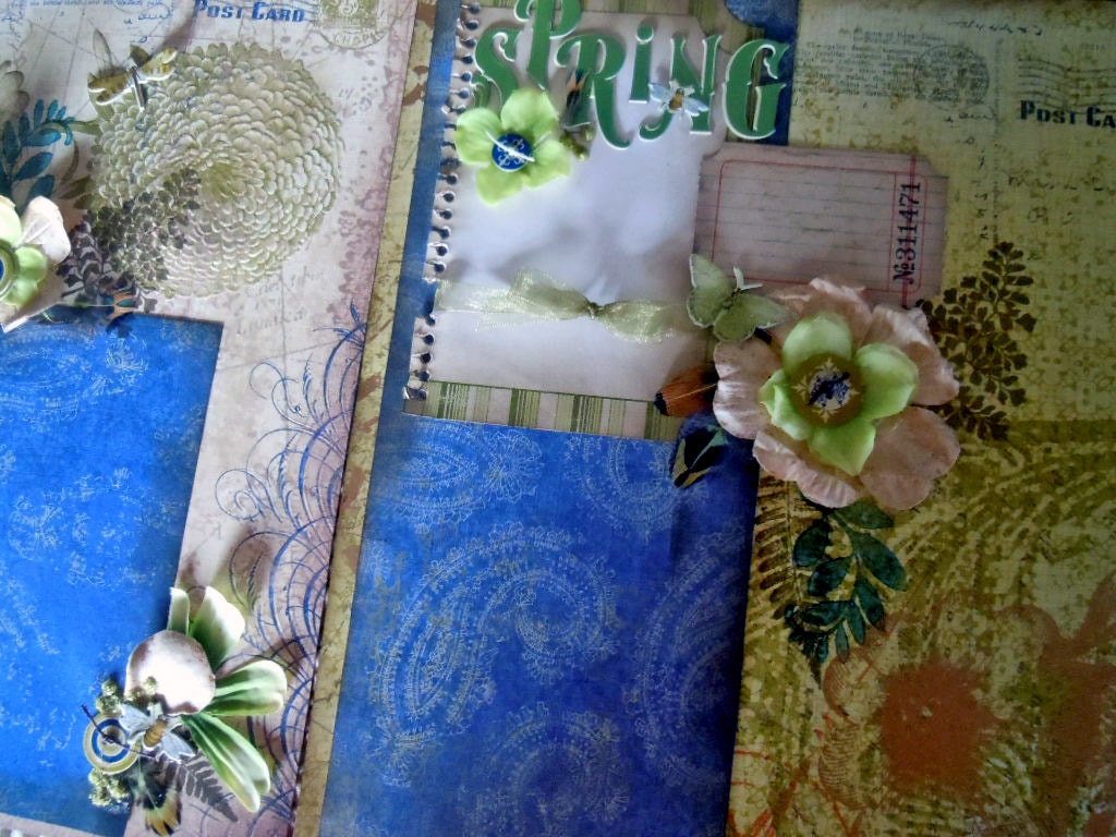 Pre-Made double scrapbook 2 pgs 12x12 "SPRING" by Lisa Rice with hand-crafted blooms READY to ship