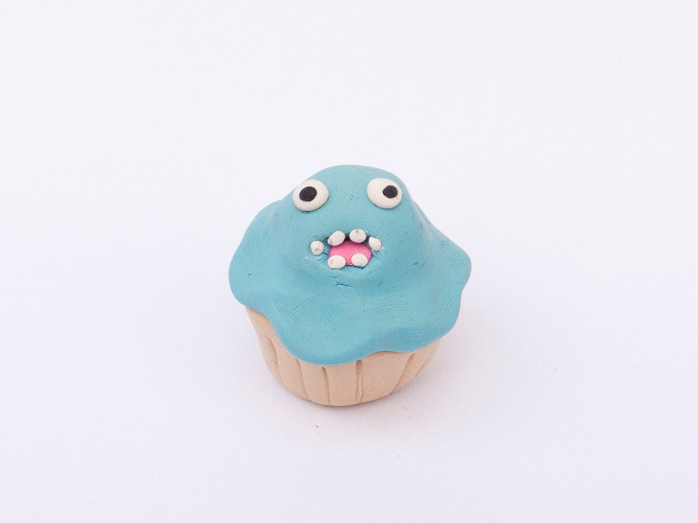 Blue Cupcake Figurine - Blue Cupcake Polymer Clay Sculpture- Blue Grumblecake Figurine