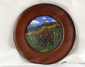Bison Hand Painted on Upcycled Wooden Plate